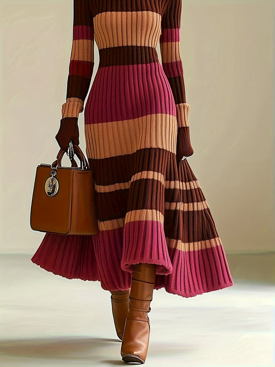 [Stylish Dress] Stylish Women's Color-Block Dress | High Neck Turtleneck Long Sleeve with Ribbed Texture, Striped Pattern in Brown Pink White Black, Flared Skirt & Pockets for Fall Winter Outfits, Sophisticated Craftsmanship, SS69