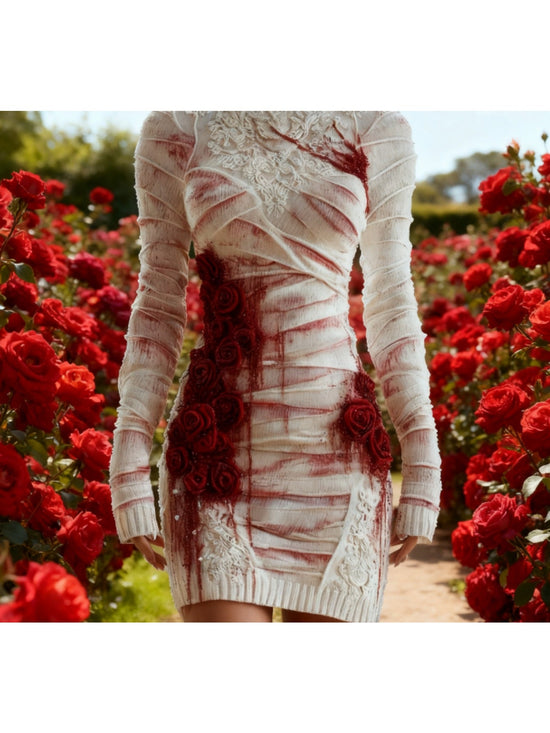 Women's Gothic Skeleton Print Sweater Dress - Form-Fitting Short Sleeve A-Line Dress with Round Neck, Hand Washable Costume Party Outfit for Halloween, Themed Events & Casual Wear (Skeleton Pattern) SS69