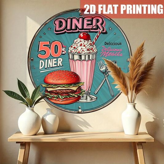 1pc Vintage Round Metal Tin Sign - 8" Retro Aluminum Wall Decor with "50's Diner" Design, Cherry Red & Cream Burger Theme, Durable Craft Decoration for Home, Farmhouse, Porch, Outdoor & Room Decor, Metal Wall Art Decor SS69