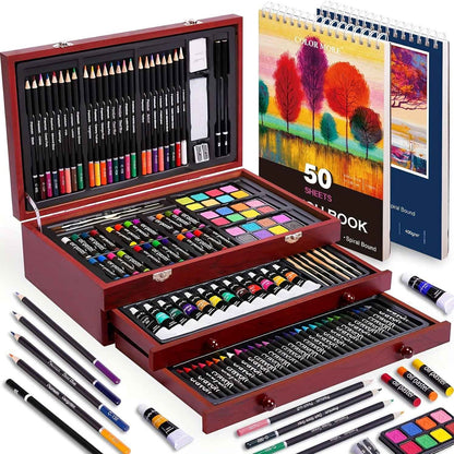175pcs Deluxe Art Set With 2 Drawing Pads, Crayons, Acrylic Paints, Colored Pencils Set In Wooden Case, Professional Art Kit, Paint Supplies, Gift, Christmas & Halloween, Back To School
