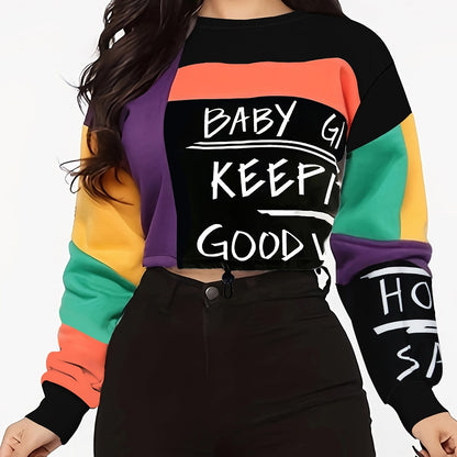 Women's Fashion Color Block Crew Neck Sweatshirt with Alphabet Print, Polyester 95% Spandex 5% Knit Fabric, Regular Fit Pullover with Drawstring Detail for All Seasons - SS69