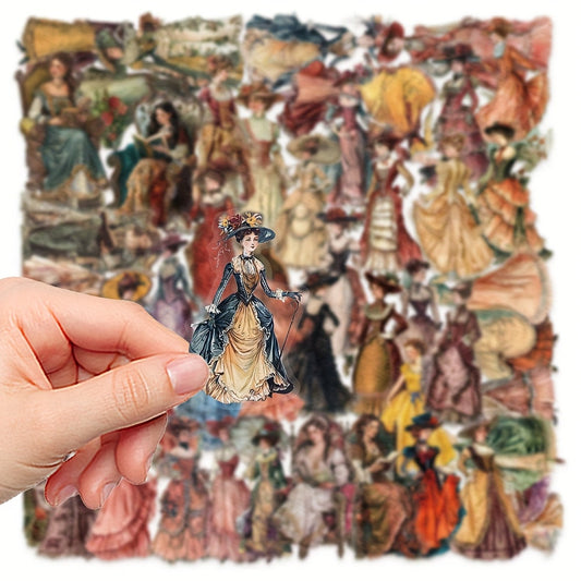 50pcs YWWBLD Vintage European & American Character Stickers - Transparent, Matte Finish, Polyethylene Terephthalate, Self-Adhesive for Scrapbooking, Luggage & Room Decorations SS69