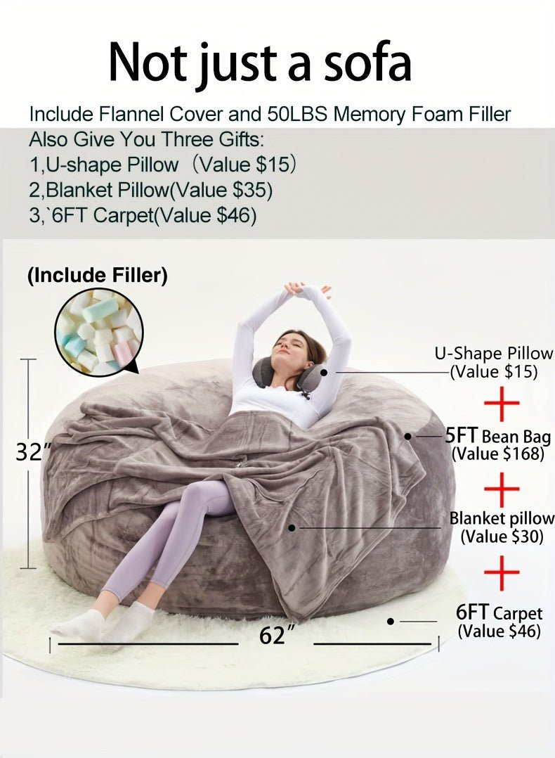Beanbag Sofa Chair include Filler(Give 3 Gifts:U - shape pillow, blanket pillow, 6FT carpet), Large Round Soft Fluffy Flannel Removable Machine Washable beanbag Sofa, 50 lb Memory Sponge Filled Living Room Bedroom Gamingroom So - SS69
