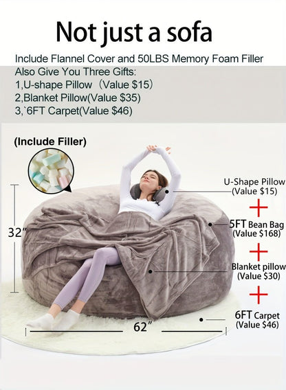 Beanbag Sofa Chair include Filler(Give 3 Gifts:U - shape pillow, blanket pillow, 6FT carpet), Large Round Soft Fluffy Flannel Removable Machine Washable beanbag Sofa, 50 lb Memory Sponge Filled Living Room Bedroom Gamingroom So - SS69