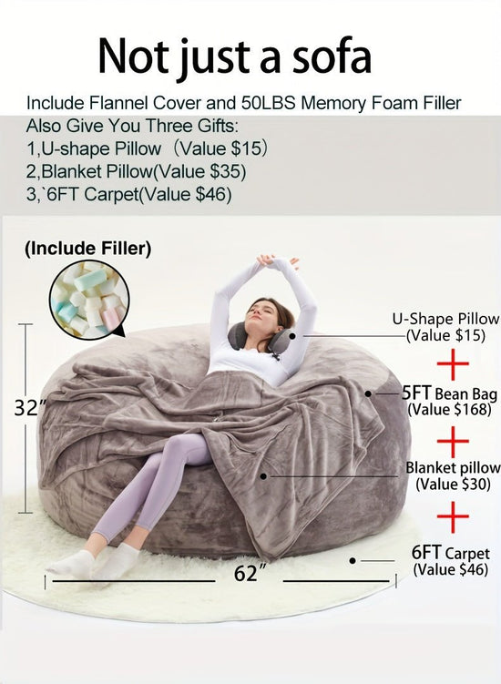 Beanbag Sofa Chair include Filler(Give 3 Gifts:U - shape pillow, blanket pillow, 6FT carpet), Large Round Soft Fluffy Flannel Removable Machine Washable beanbag Sofa, 50 lb Memory Sponge Filled Living Room Bedroom Gamingroom So - SS69