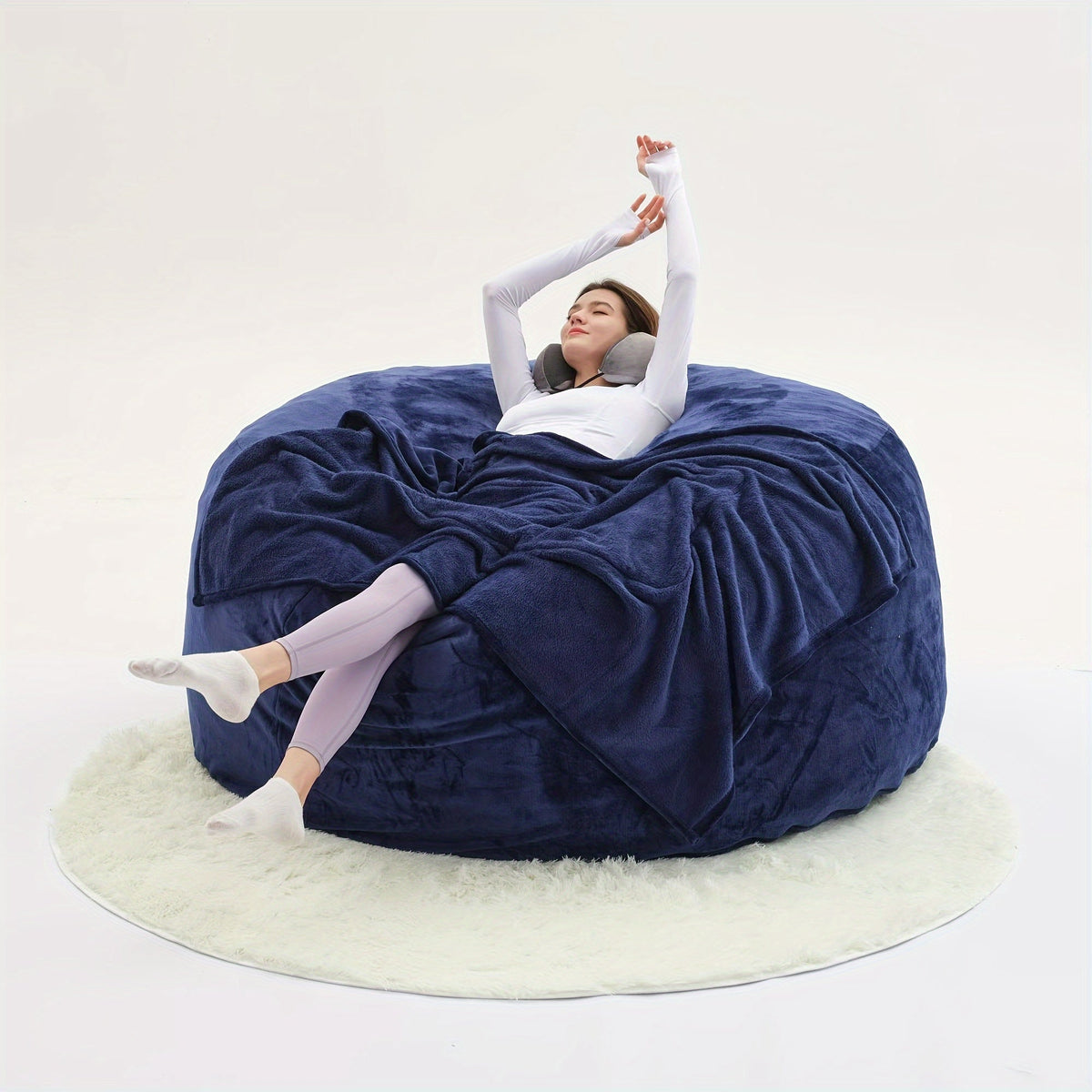 Beanbag Sofa Chair include Filler(Give 3 Gifts:U - shape pillow, blanket pillow, 6FT carpet), Large Round Soft Fluffy Flannel Removable Machine Washable beanbag Sofa, 50 lb Memory Sponge Filled Living Room Bedroom Gamingroom So - SS69