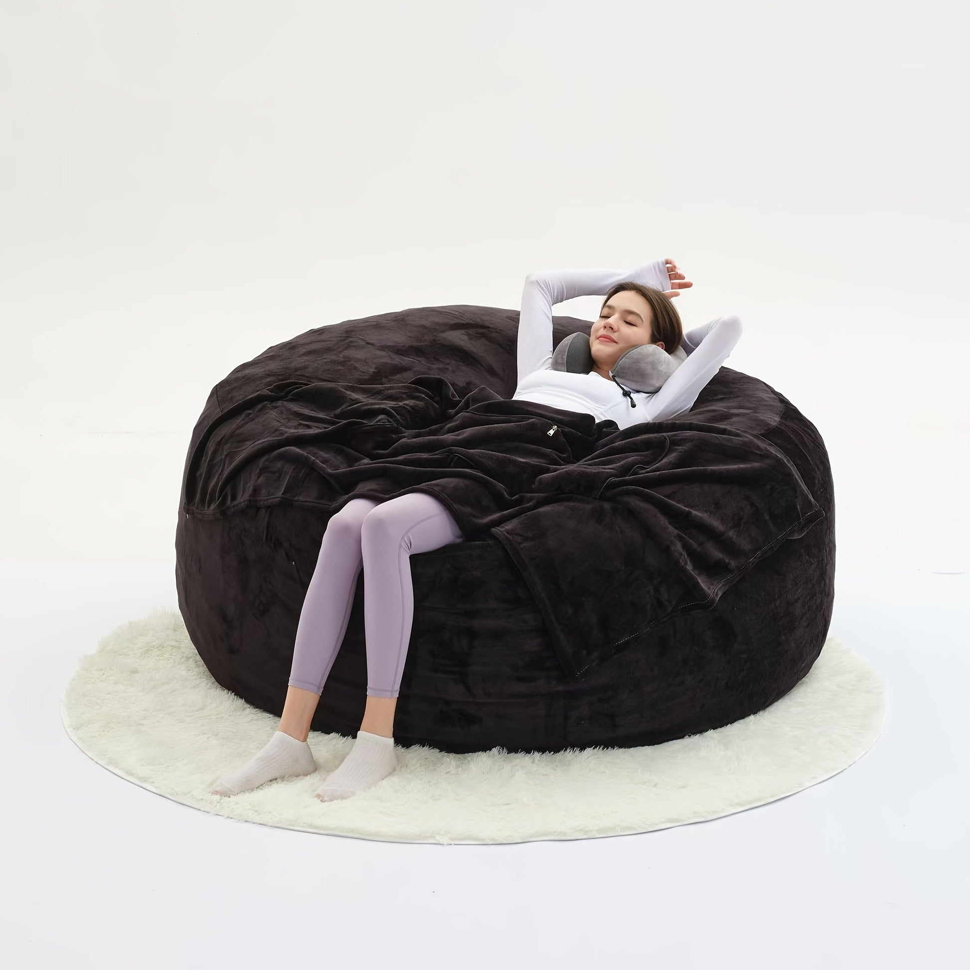 Beanbag Sofa Chair include Filler(Give 3 Gifts:U - shape pillow, blanket pillow, 6FT carpet), Large Round Soft Fluffy Flannel Removable Machine Washable beanbag Sofa, 50 lb Memory Sponge Filled Living Room Bedroom Gamingroom So - SS69