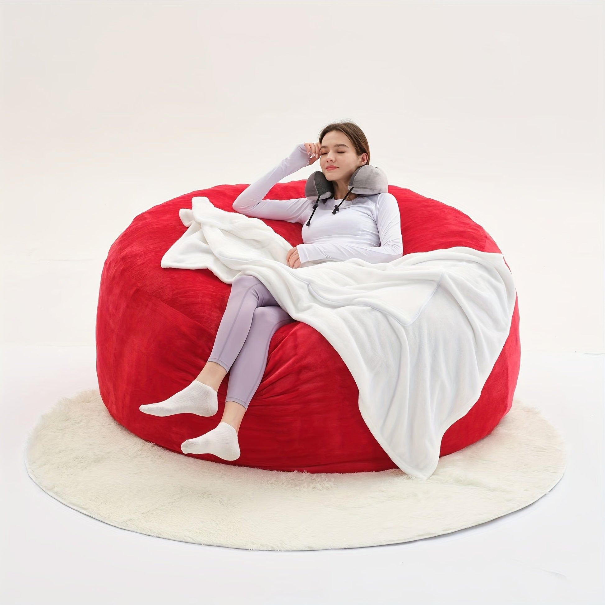 Beanbag Sofa Chair include Filler(Give 3 Gifts:U - shape pillow, blanket pillow, 6FT carpet), Large Round Soft Fluffy Flannel Removable Machine Washable beanbag Sofa, 50 lb Memory Sponge Filled Living Room Bedroom Gamingroom So - SS69