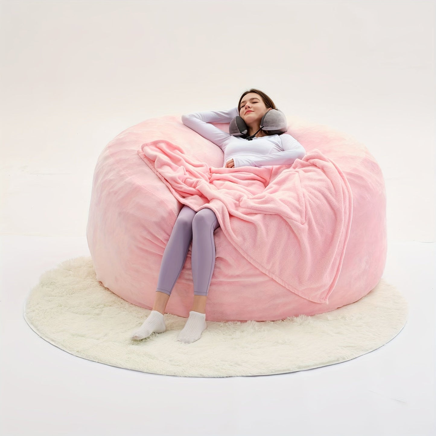 Beanbag Sofa Chair include Filler(Give 3 Gifts:U - shape pillow, blanket pillow, 6FT carpet), Large Round Soft Fluffy Flannel Removable Machine Washable beanbag Sofa, 50 lb Memory Sponge Filled Living Room Bedroom Gamingroom So - SS69