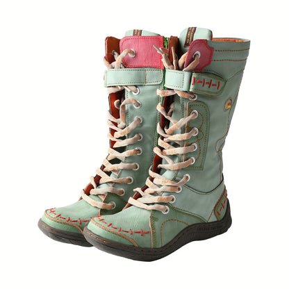 TMA EYES Spring New PU Color Block Fashion Dopamine Outfits Non-Slip Hiking Mid-Calf Boots SS69 43.69 Bright Green / US 10.5