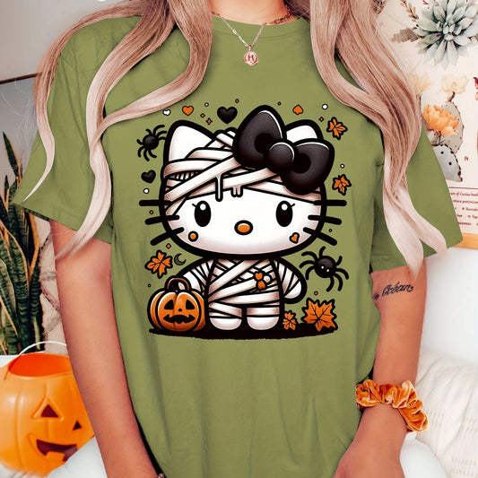 Sanrio Official Halloween Hello Kitty T-Shirt - Mummy Wrapped Graphic Tee with Orange Pumpkin, Casual Costume Party Outfit or Everyday Shirt for Women & Teens (S-XXL, Multi-Color Options) - Cute Sanrio Apparel, Halloween Clot SS69 16.69 Army Green / XXL