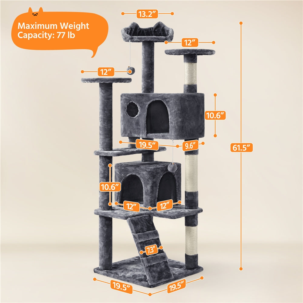 Costoffs Cat Tree 54in/70in/62in/80in/23.5in Cat Tower Condo with 2 Condos & 2 Dangling Balls & 3 Scratching Posts Large Cat House for for Kittens & Cats, Dark Gray/Light Gray/Beige/Black/Pink/Brown/Navy Blue/Green, Brown/W SS69