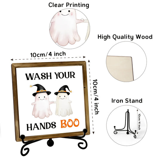 [Spooky Halloween Decor] 1pc Halloween Bathroom Door Decor - Spooky Wash Your Hands Boo Decoration with Cute Witch Hat Ghosts, Rustic Wooden Plaque with Metal Hooks for Indoor/Outdoor Hanging - Cheerful Holiday Design, Durabl SS69