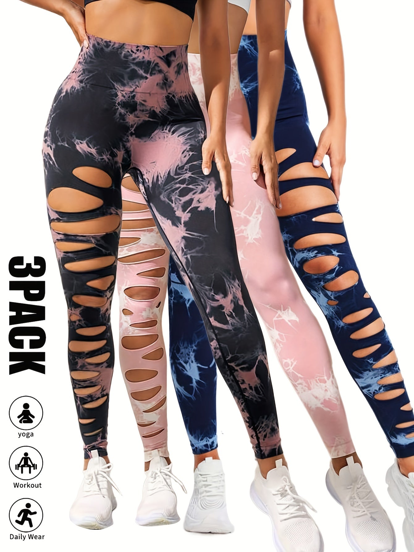 3 Pack High Waist Tie Dye Cutout Yoga Leggings - Scrunch Butt Lifting, Tummy Control, Elastic Workout Pants for Women SS69