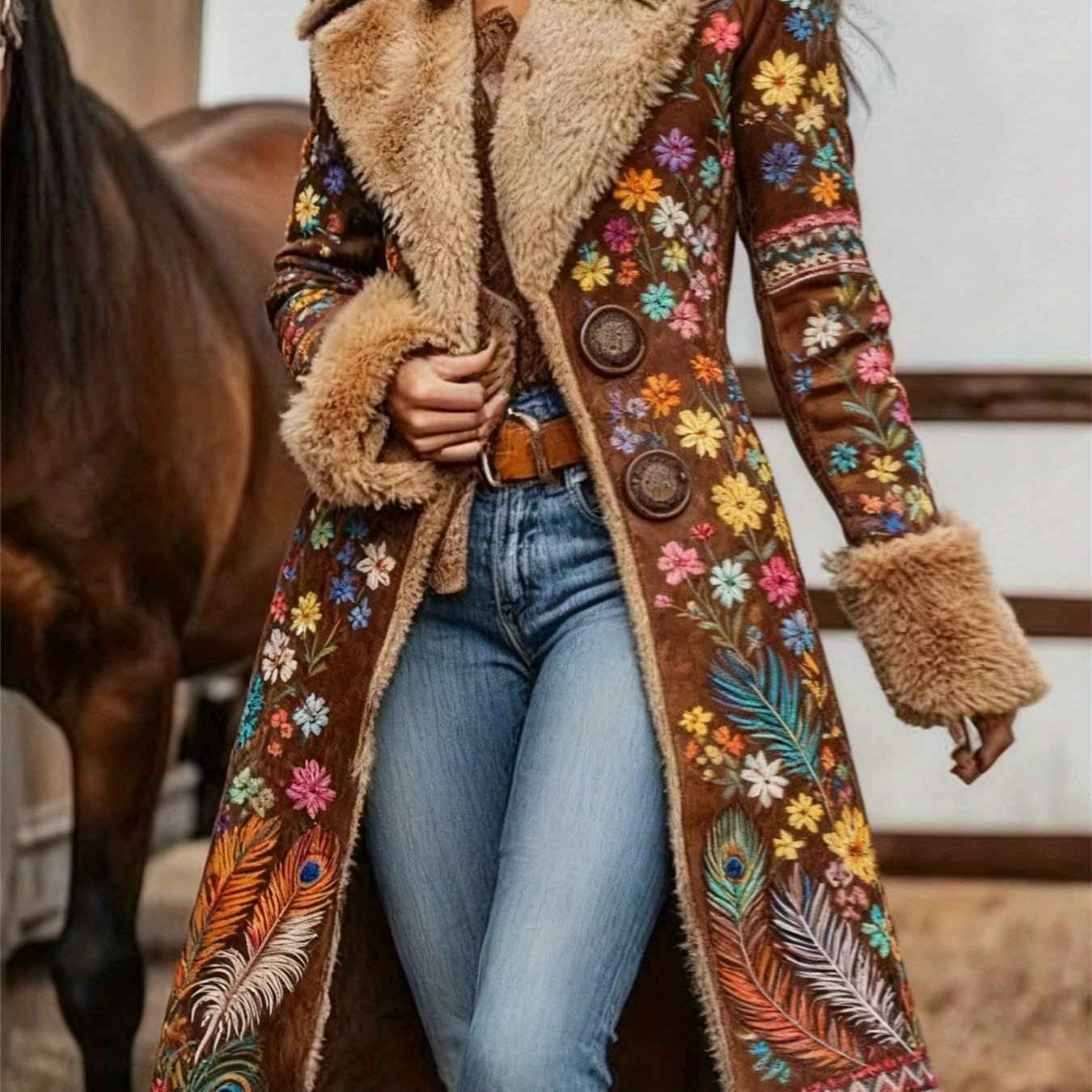 Women's Western Retro Style Winter Warm Coat - Western Print Jacket with Collar, Machine Washable Outerwear for Fall & Winter, Non-Stretch Blazer for Casual or Dressy Outfits