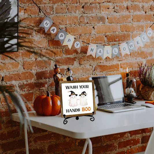 [Spooky Halloween Decor] 1pc Halloween Bathroom Door Decor - Spooky Wash Your Hands Boo Decoration with Cute Witch Hat Ghosts, Rustic Wooden Plaque with Metal Hooks for Indoor/Outdoor Hanging - Cheerful Holiday Design, Durabl SS69