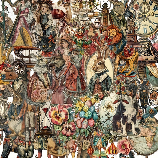 50-Pack Victorian Era Themed Waterproof Stickers - Transparent PET Material, Vintage Illustrations of Animals, Clockwork Machines & Floral Designs - Perfect for DIY Decoration on Skateboards, Phone Cases & Guitars, Vintage Cr SS69