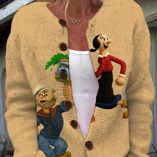 2D Printed Sweater with Vintage Pattern, Women's Lazy Style Cardigan for Autumn and Winter, Loose Fit Versatile Top, Popeye Print Fashionable Elegant Trendy Full Print Cardigan, 