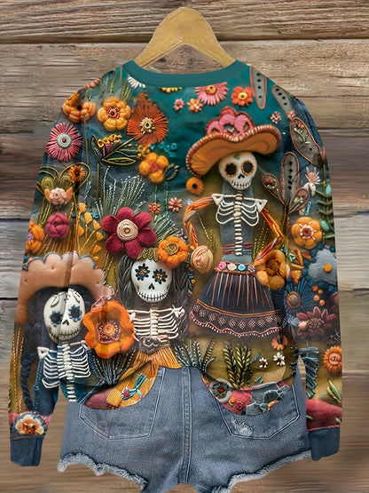 Women'S Halloween Sweatshirt - Mexican Day of the Dead Pullover with Floral & Skeleton Designs in Orange/Red/Blue/Purple/ - Cozy Fall Party Outfit for Halloween, Dia de los Muertos, Casual Attire - Year-Round Casual Sweater, SS69