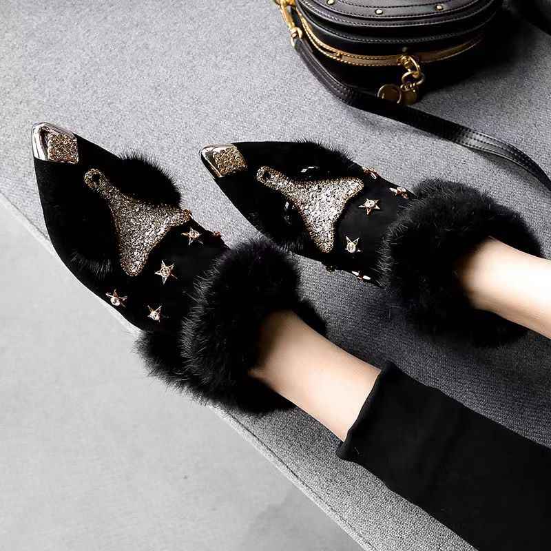 Fashio Pointed Toe faux fur Shoes for Women, Large Size, Fleece-Lined, Thick Heel, Thick Sole, Autumn Winter Warm Shoes