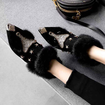 Fashio Pointed Toe faux fur Shoes for Women, Large Size, Fleece-Lined, Thick Heel, Thick Sole, Autumn Winter Warm Shoes