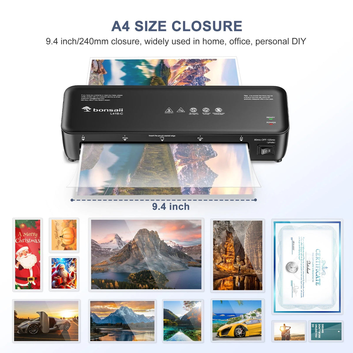 Bonsaii 9 - Inch Thermal Laminator with Never Jam Tech for Docs, Posters, Photos - Simple & Convenient for Home, Office, School - SS69