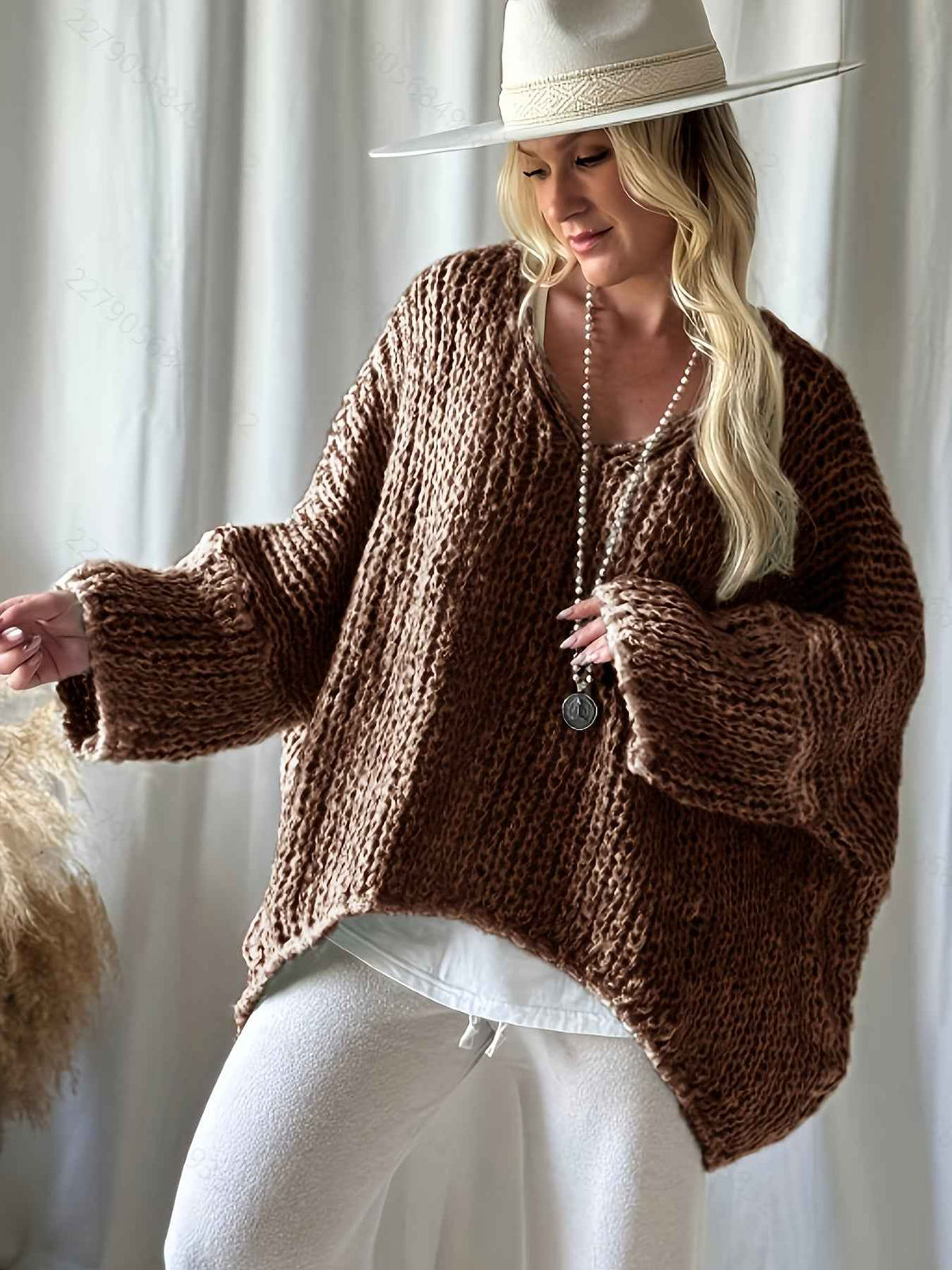 Plus Size, Women's Plus Size Oversized V-Neck Sweater - Winter Warm Solid Color Pullover, Elegant Casual Loose Fit Sweaters for Fall/Winter Layering, Hand Washable Cozy Blouse