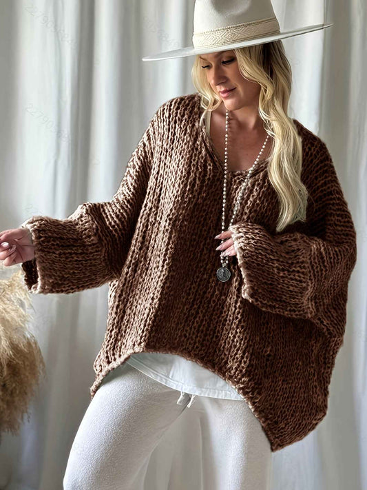 Plus Size, Women's Plus Size Oversized V-Neck Sweater - Winter Warm Solid Color Pullover, Elegant Casual Loose Fit Sweaters for Fall/Winter Layering, Hand Washable Cozy Blouse