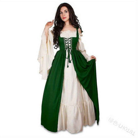 [Elegant Medieval Costume] Elegant Women's Medieval Two-Piece Costume - Renaissance Drama Outfit with Corset-like Bodice & Long Flowing Skirt | Halloween, Renaissance Faire, Themed Parties | Burgundy/White, Black/White, Green