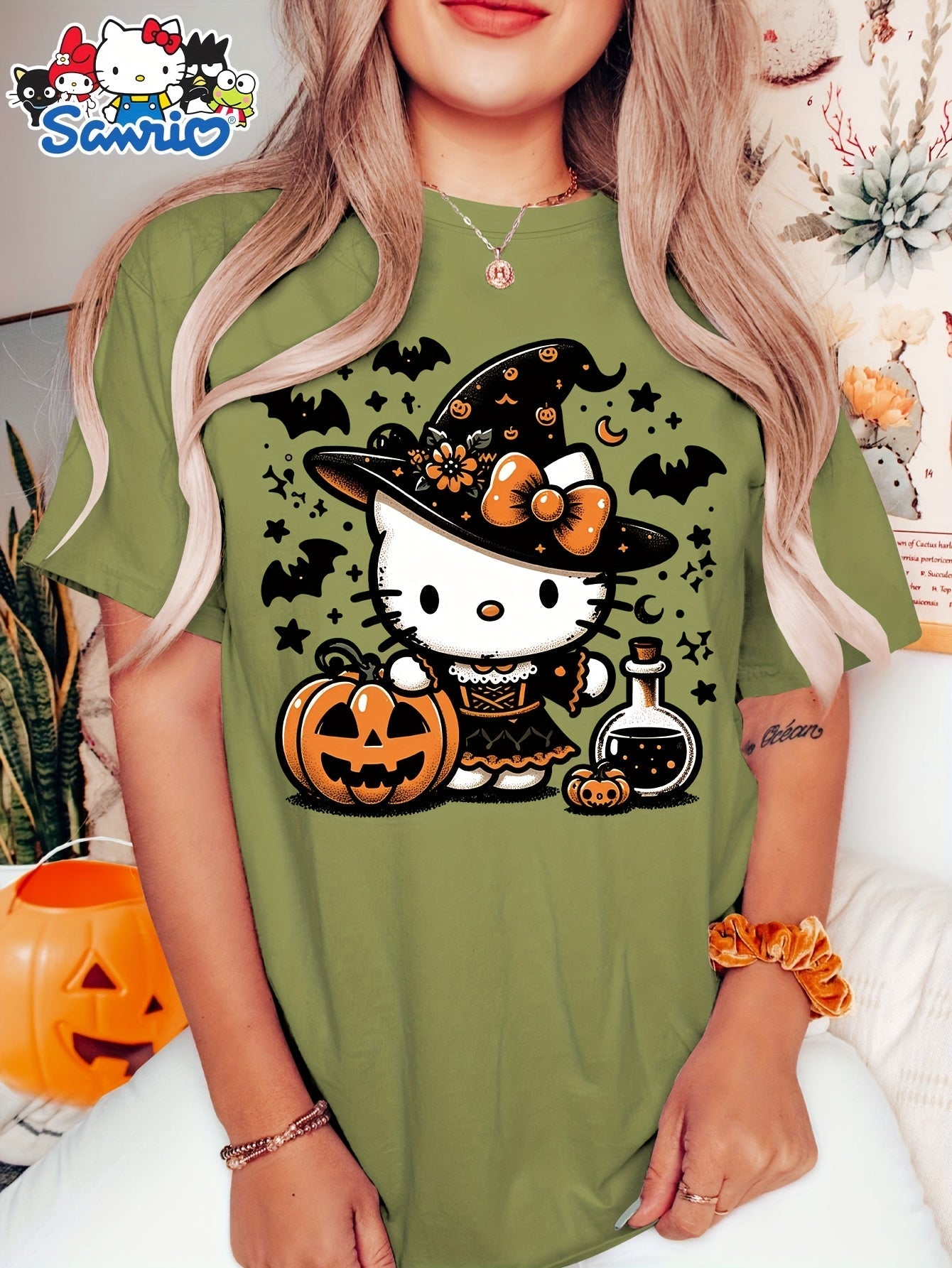 Sanrio Official Halloween Hello Kitty T-Shirt - Mummy Wrapped Graphic Tee with Orange Pumpkin, Casual Costume Party Outfit or Everyday Shirt for Women & Teens (S-XXL, Multi-Color Options) - Cute Sanrio Apparel, Halloween Clot SS69