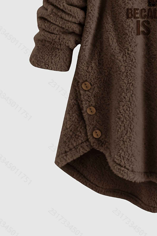 Plus Size - Women'S Plus Size Casual Teddy Hoodie with Cat Ears and Button Details | Long Sleeve, Asymmetrical Hem, Fall/Winter, Animal Print, Pullover Style