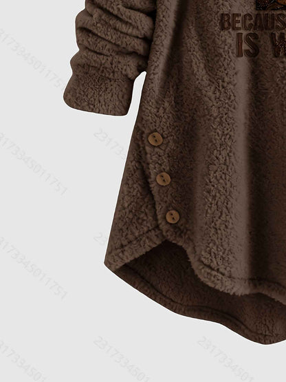 Plus Size - Women'S Plus Size Casual Teddy Hoodie with Cat Ears and Button Details | Long Sleeve, Asymmetrical Hem, Fall/Winter, Animal Print, Pullover Style