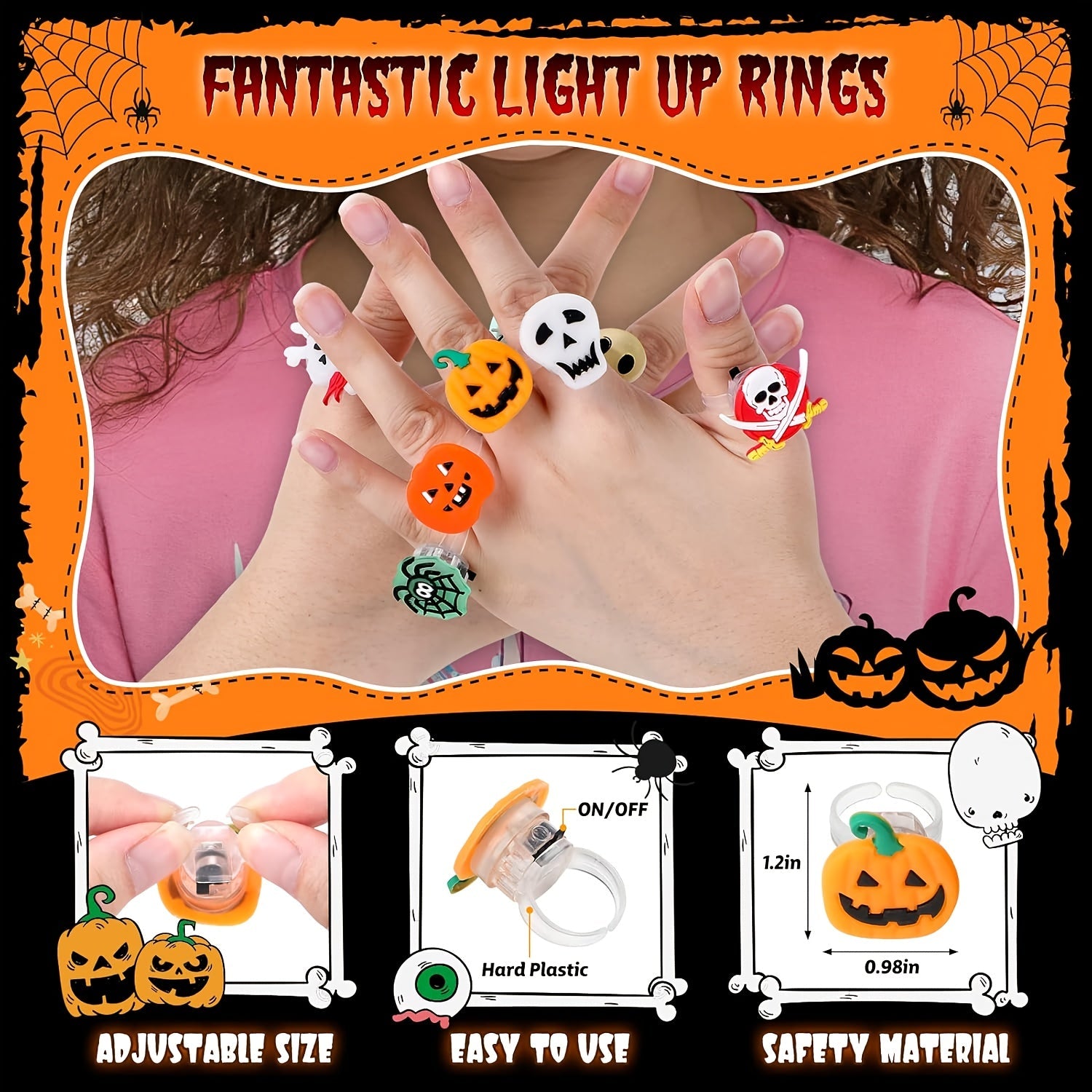 10/20/50pcs Ghost Fashion Halloween Glowing Ring, Pumpkin Skull Spider Web Bat Design, Horror Prop Supplies, Halloween Decoration, Festival Ring Design, Gift, Ring Packs. SS69