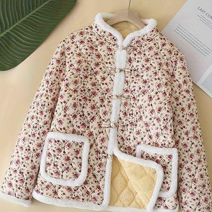 Plus Size, Women's Chinese Style Winter Coat with Cheona Collar (Standing Pronunciation) - Thick Padded Warm Jacket, Retro Button Front, Zipper Back Closure, Machine Washable Outerwear