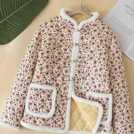 Plus Size, Women's Chinese Style Winter Coat with Cheona Collar (Standing Pronunciation) - Thick Padded Warm Jacket, Retro Button Front, Zipper Back Closure, Machine Washable Outerwear