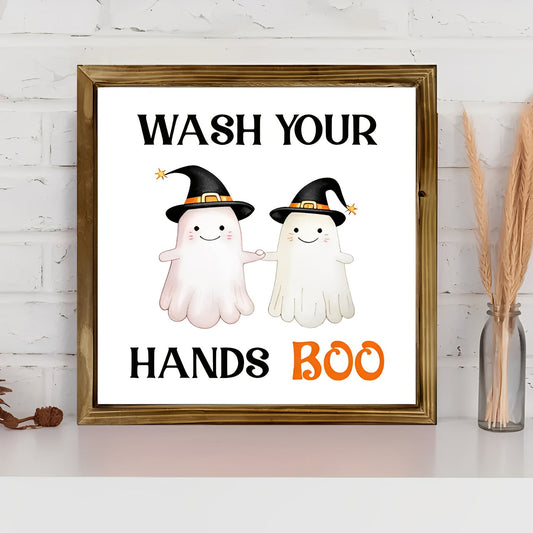 [Spooky Halloween Decor] 1pc Halloween Bathroom Door Decor - Spooky Wash Your Hands Boo Decoration with Cute Witch Hat Ghosts, Rustic Wooden Plaque with Metal Hooks for Indoor/Outdoor Hanging - Cheerful Holiday Design, Durabl SS69
