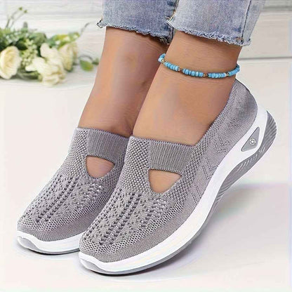 Women'S Breathable Knit Slip-On Sneakers with Non-Slip Rubber Sole, Green Perforated Design & Arch Support - All-Season Comfort Fit Walking Shoes, Cushioned Insole & Arch Cushioning, Mid-Top Style for Casual, Office, Travel -