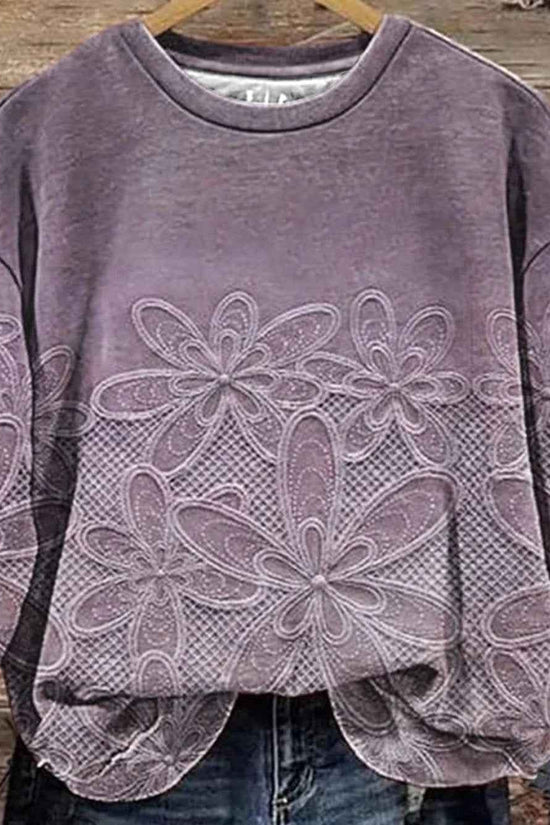 Plus Size - Plus Size, Plus Size Women'S Elegant Floral Print Sweatshirt - Long Sleeve Round Neck Sweater, Cozy Winter Casual Shirt for Office and Party Wear, Warm Fall/ Autumn-Friendly Clothing (Machine Washable)