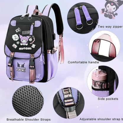 [Sanrio Licensed]Cute for kuromi School Bag for kuromi Backpack Suitable For Boys And Girls, Equipped With A USB Port, Comes Ultra-lightweight Outdoor Camping And Hiking Gear, Essential For Travel, Gift For Back To School Bac SS69