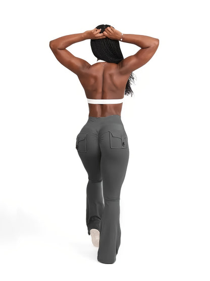 Full Of Elasticity Slim Fit Women's Pocket Yoga Pants - High Waist, Wide Legs, Solid Color, With Phone Pocket - SS69