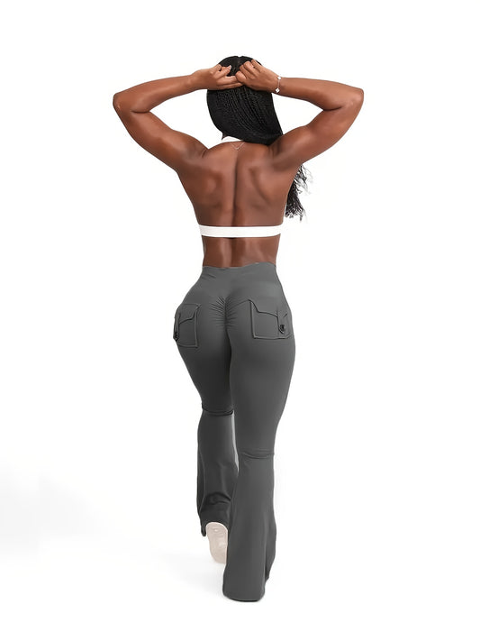 Full Of Elasticity Slim Fit Women's Pocket Yoga Pants - High Waist, Wide Legs, Solid Color, With Phone Pocket - SS69