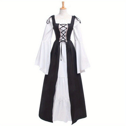 [Elegant Medieval Costume] Elegant Women's Medieval Two-Piece Costume - Renaissance Drama Outfit with Corset-like Bodice & Long Flowing Skirt | Halloween, Renaissance Faire, Themed Parties | Burgundy/White, Black/White, Green