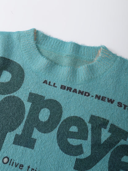 [Cartoon Sailor Graphic Sweater] Elegant Cartoon Sailor Graphic Mink Fleece Knit Sweater - Crew Neck Long Sleeve Pullover for Women, Machine Washable, Big Pattern, Casual SS69