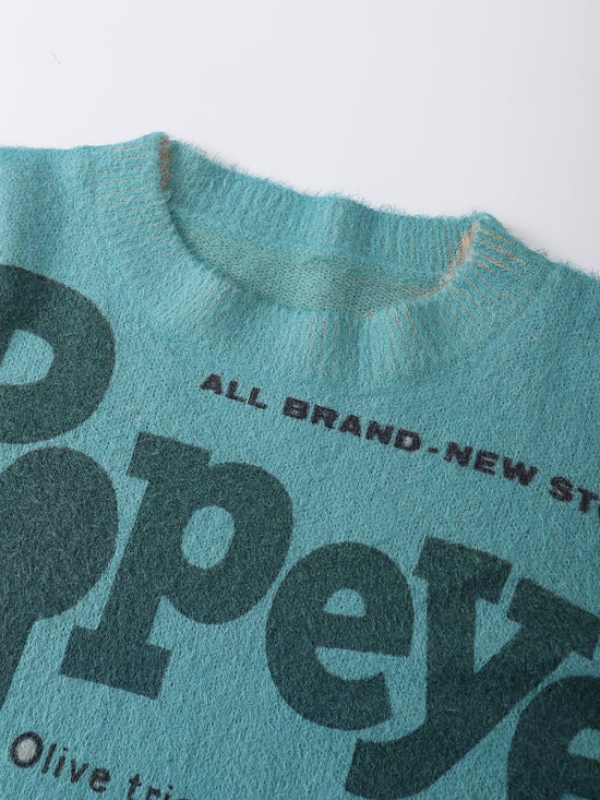 [Cartoon Sailor Graphic Sweater] Elegant Cartoon Sailor Graphic Mink Fleece Knit Sweater - Crew Neck Long Sleeve Pullover for Women, Machine Washable, Big Pattern, Casual SS69