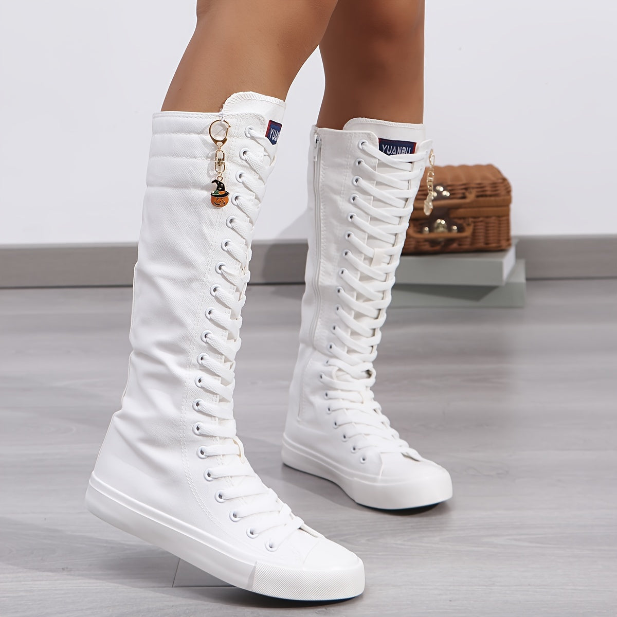 YUANBU Women'S Stylish Black Knee-High Boots with Colorful "YUANBU" Lettering - Casual Flat Sole, Side Zipper, Lightweight Sneakers for Halloween, Parties & Daily Wear, Sizes 5-12, Halloween Shoes SS69 42.69 White / US 10