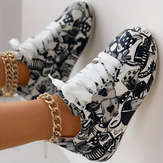Casual Chic) Women's Vibrant Graffiti Print Lace-Up Sneakers - Low Top, Round Toe, All-Season Casual Shoes with Rubber Sole and Faux Cover Interior, Ladies Shoes SS69 39.69 grey / US 10