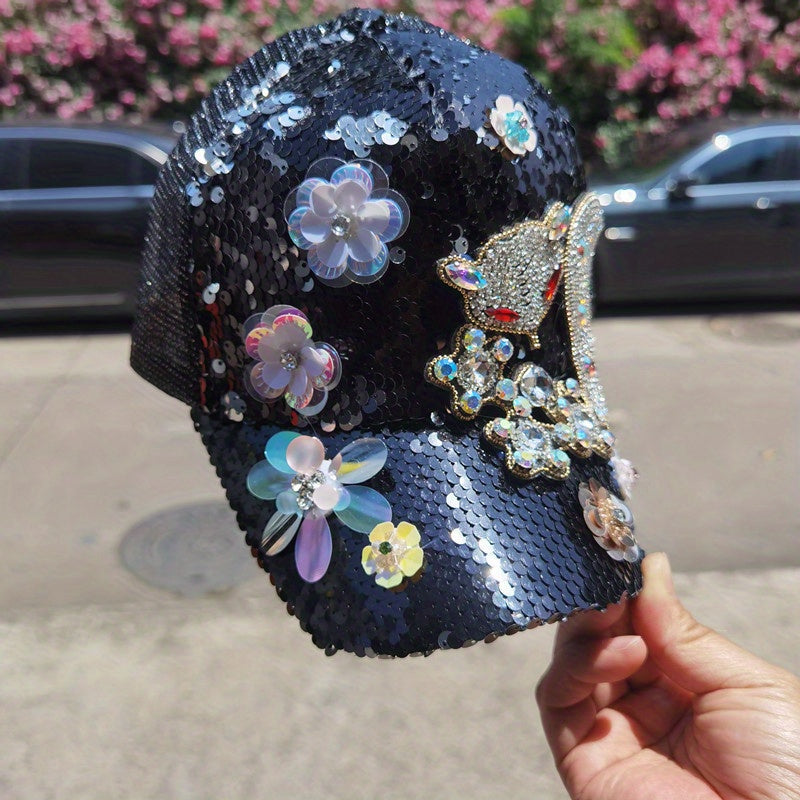 [Anime Baseball Cap] Anime Theme Women's Fashion Baseball Cap - Breathable Mesh, Adjustable Fit, Rhinestones and Floral Embellishments, Hot-stamping Craftsmanship, Sparkling Sequin Duckbill Hat, Carnival/Mardi Gras/Masquerade SS69