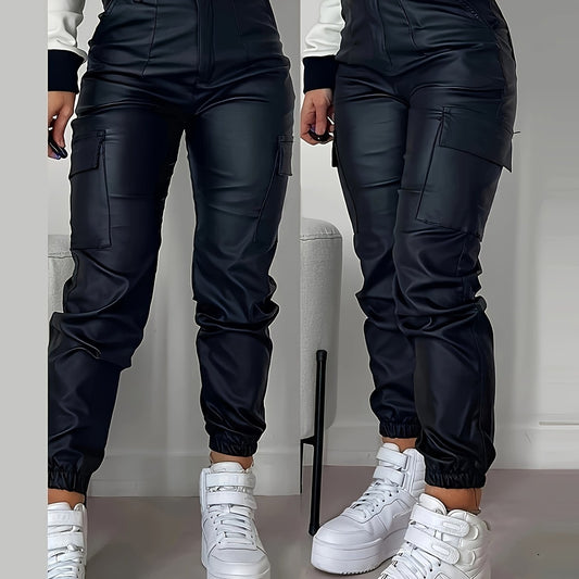 [Stretchy Cargo Jeans] High-Rise Women's Stretchy Black Cargo Denim Jeans - Multi-Pocket Design, Glossy Finish, Comfort Fit, Polyamide Fabric, Versatile Denim, Street Style SS69 24.69 Black / XS
