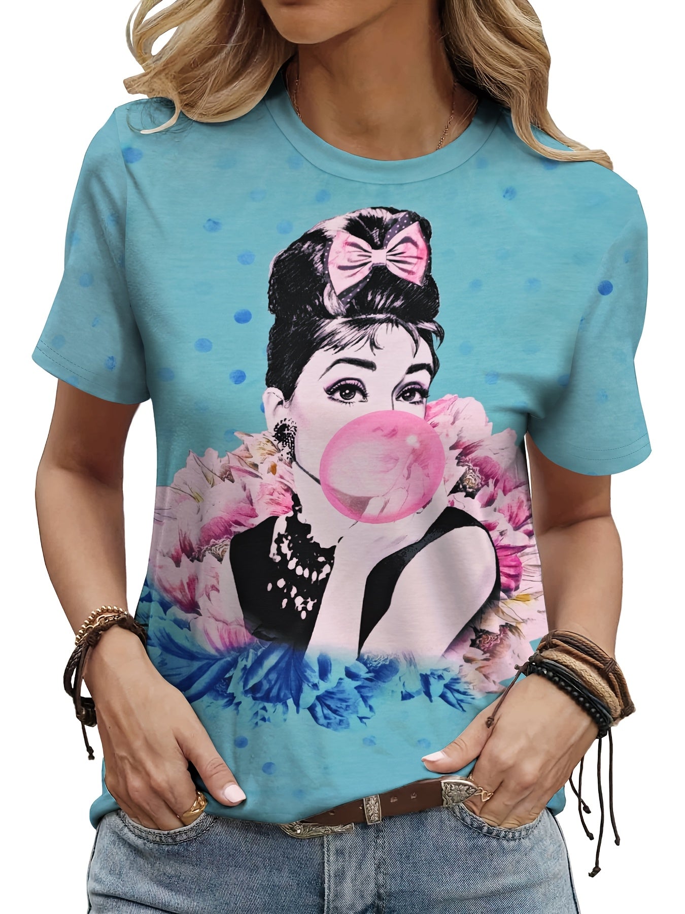 Women'S Casual Crew Neck Short Sleeve T-Shirt - Polyester & Spandex Blend, Breathable 3D Print with Elegant Portrait & Floral Bubble Graphic, All-Season Top for Casual Attire, Versatile Clothing | Playful Graphic Tee | Glossy SS69