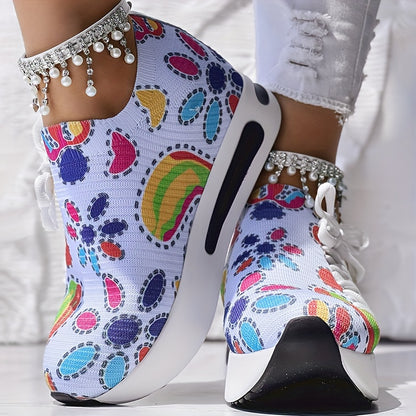 Fabric Upper Low Top Women's Fashion Sneakers, Casual Lace-up Printed Shoes, MD Sole, Fabric Lining, Random Print, All-Season - SS69